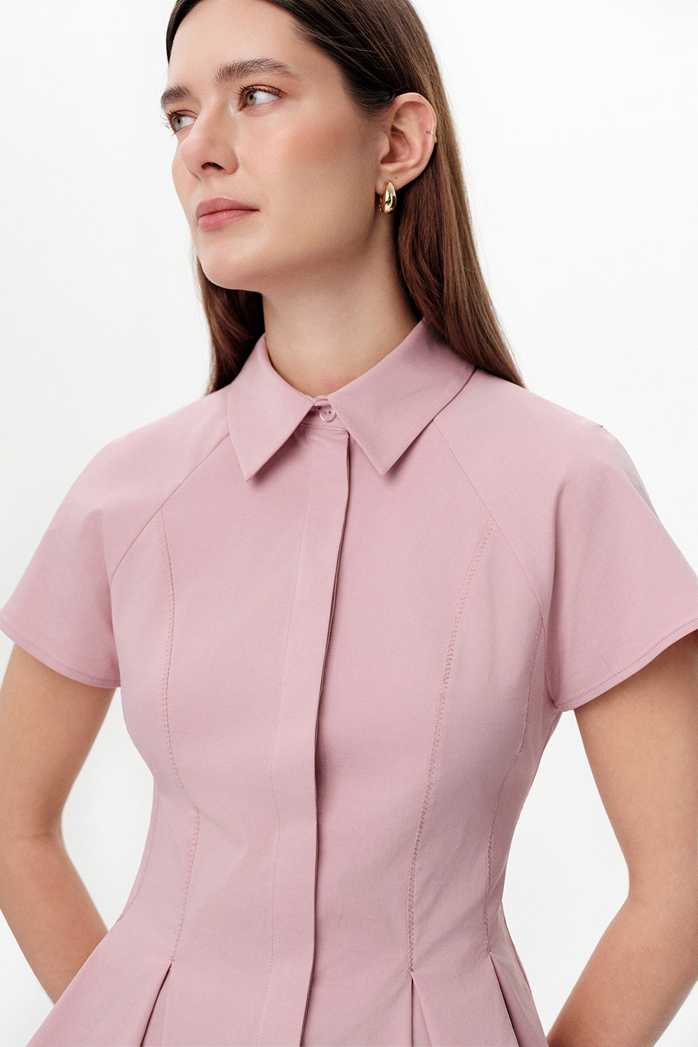 Dropped Sleeve Pleated Zigzag Stitch Shirt - PINK