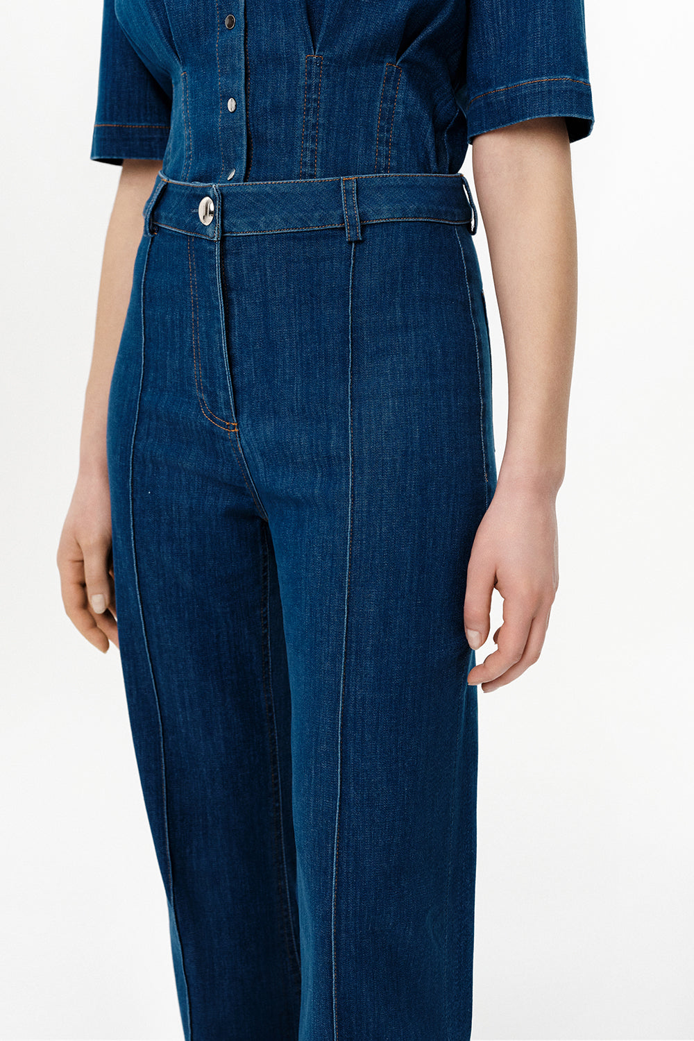 High-Waisted Flared Denim Trousers - INDIGO