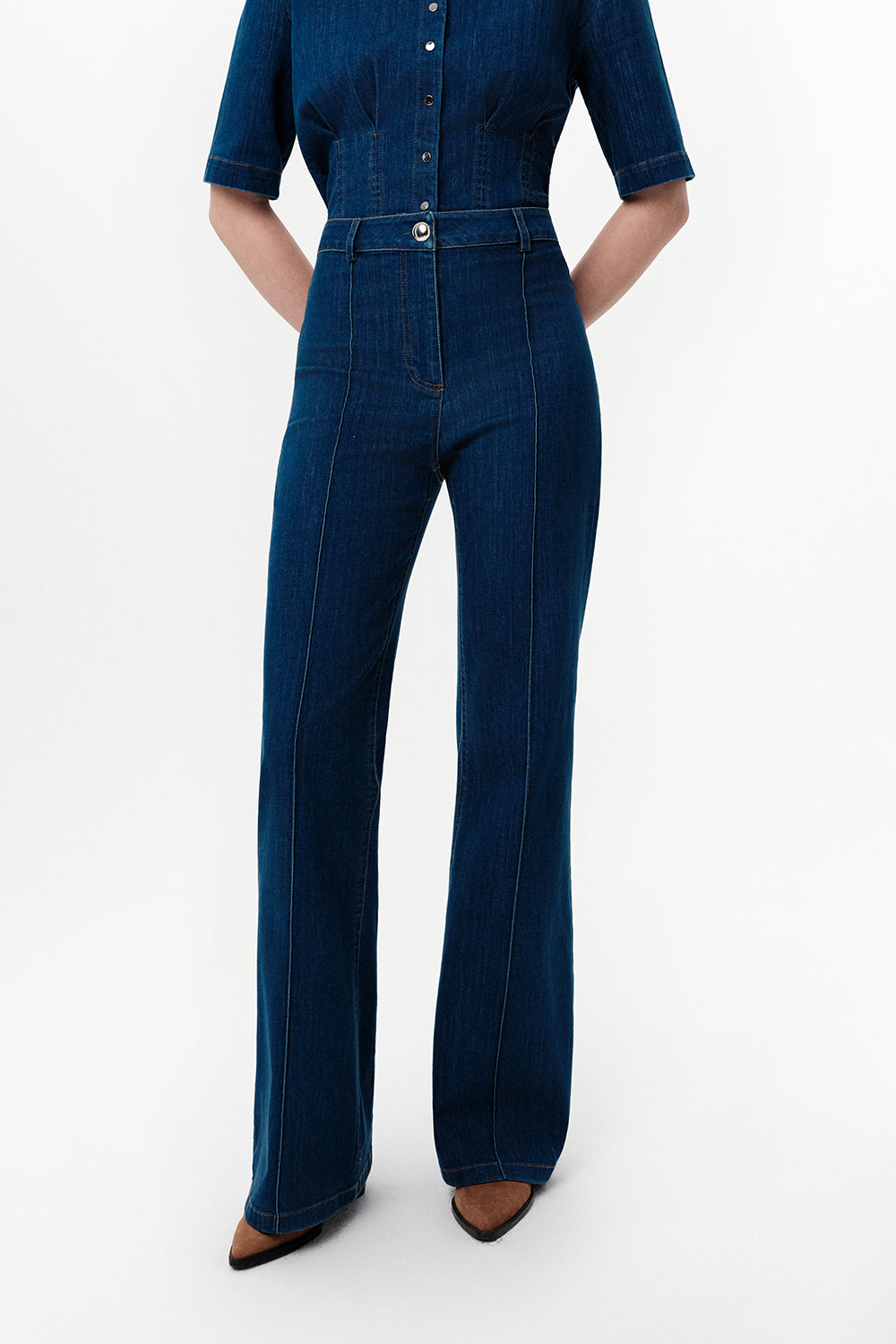 High-Waisted Flared Denim Trousers - INDIGO
