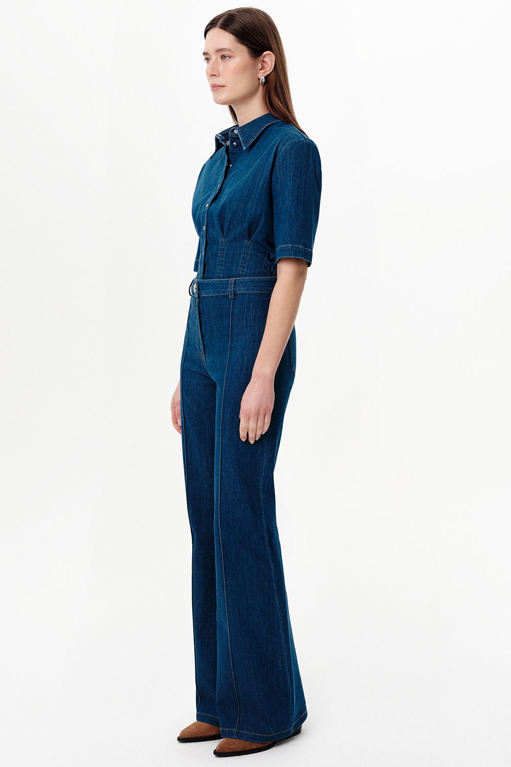 High-Waisted Flared Denim Trousers - INDIGO