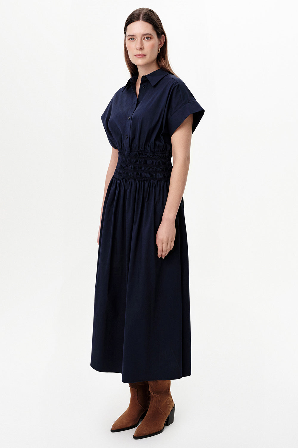Dropped Sleeve Button-Front Midi Dress with Elastic Waist - NAVY BLUE