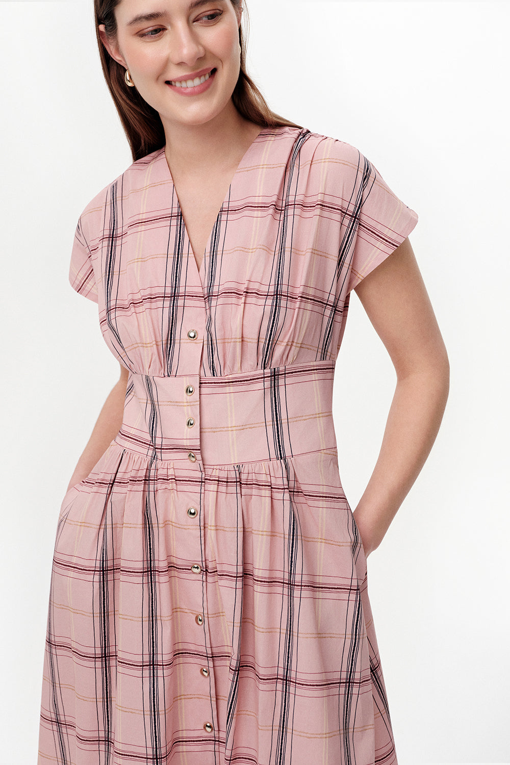 Sleeveless V Neck Shirred Waist Midi Dress - MULTICOLOR