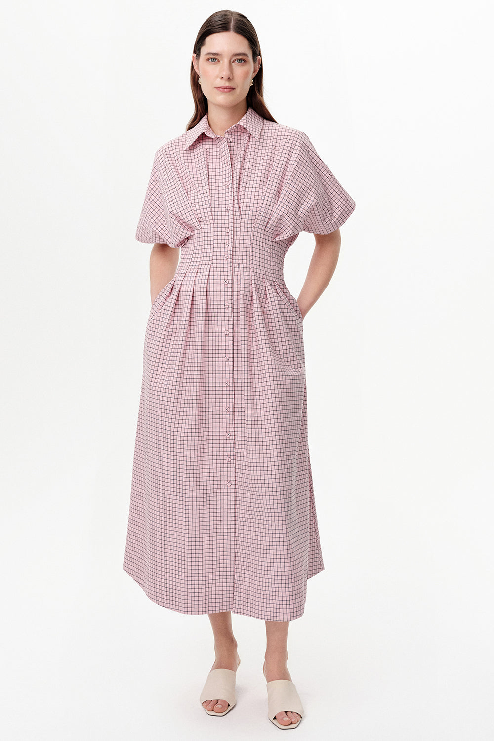 Dropped Sleeve Embellished Pleated Waist Midi Dress - PINK