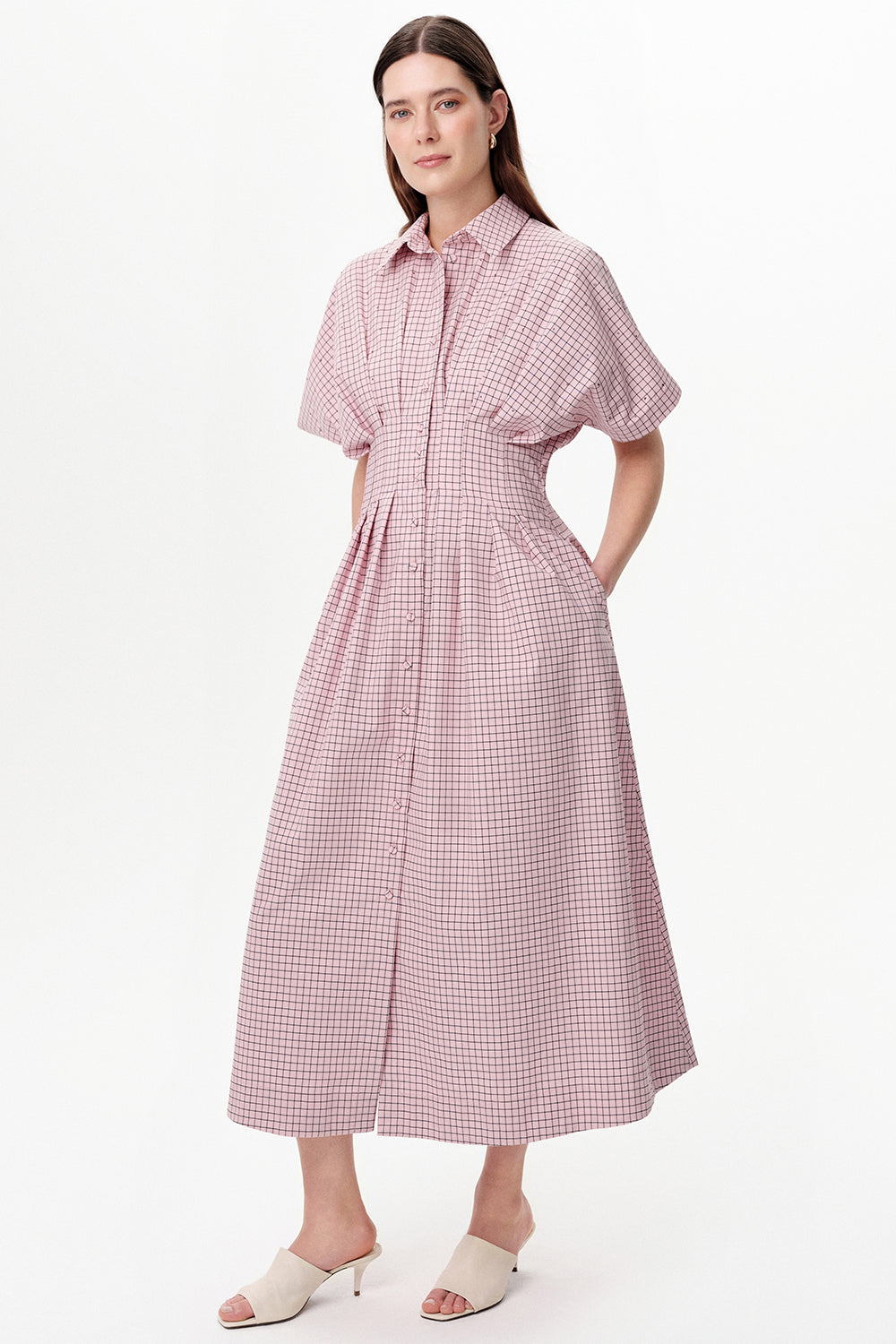 Dropped Sleeve Embellished Pleated Waist Midi Dress - PINK