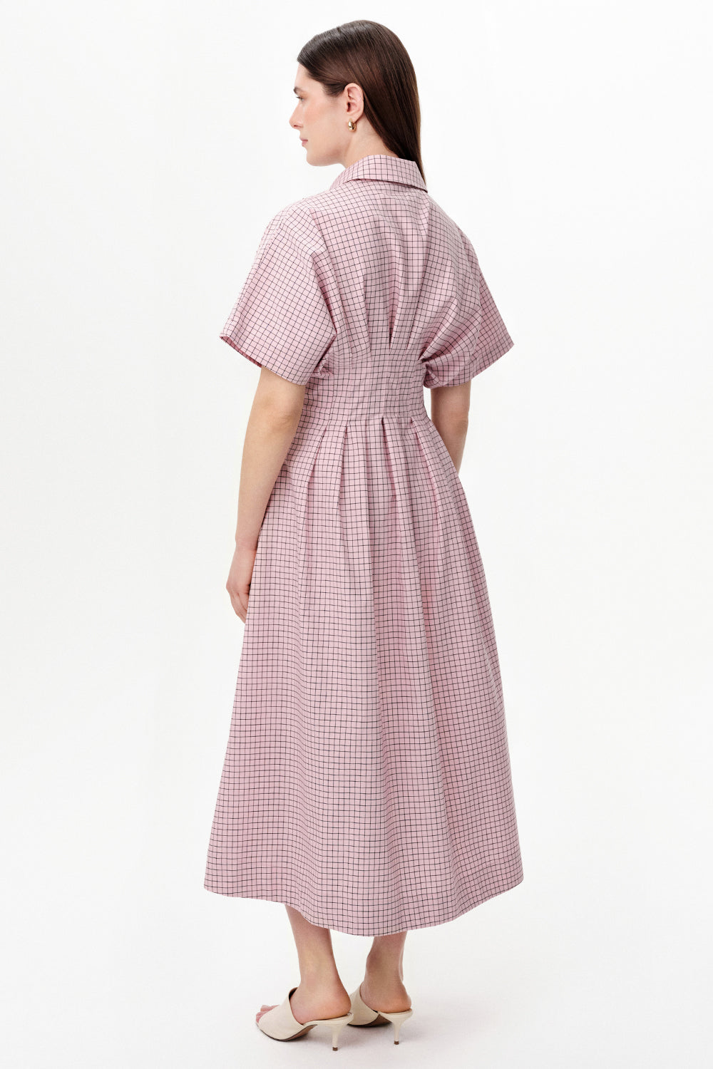 Dropped Sleeve Embellished Pleated Waist Midi Dress - PINK