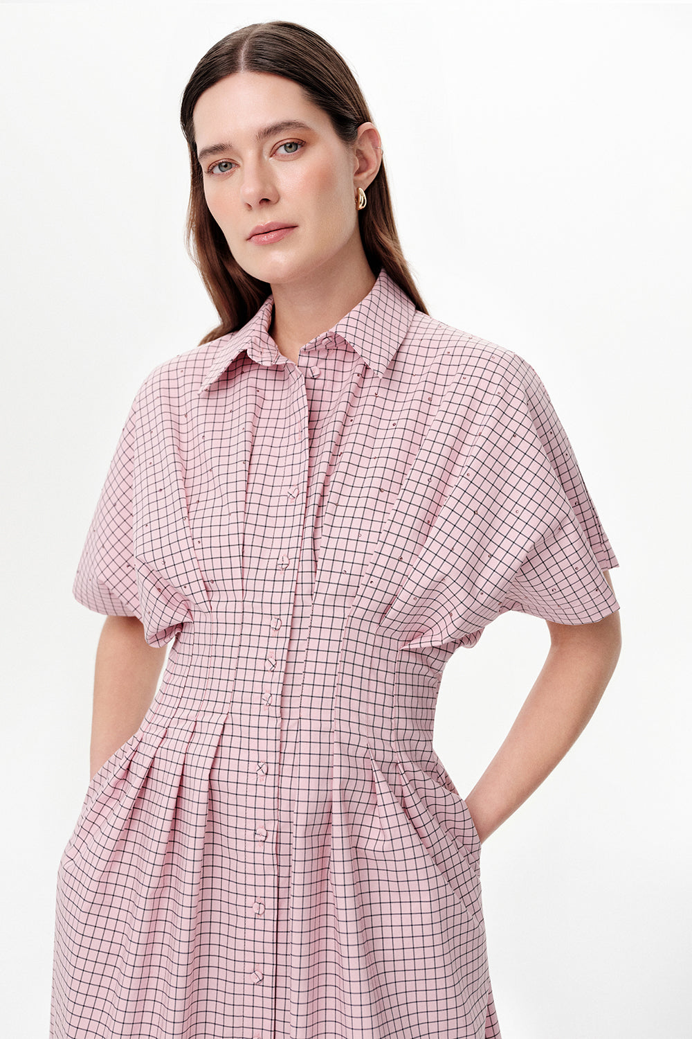 Dropped Sleeve Embellished Pleated Waist Midi Dress - PINK