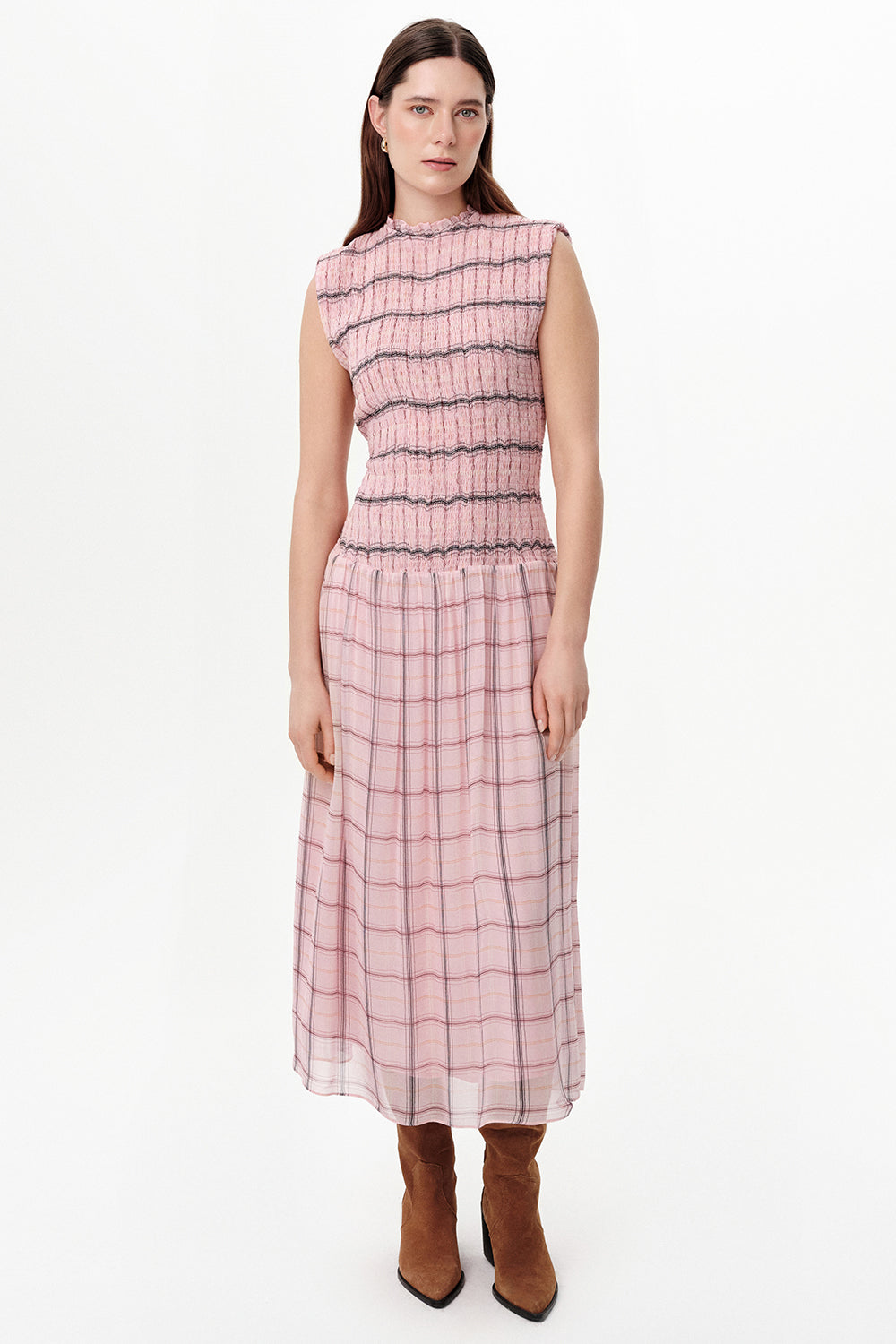 Shirred Ruffle Neck Lined Midi Dress - MULTICOLOR