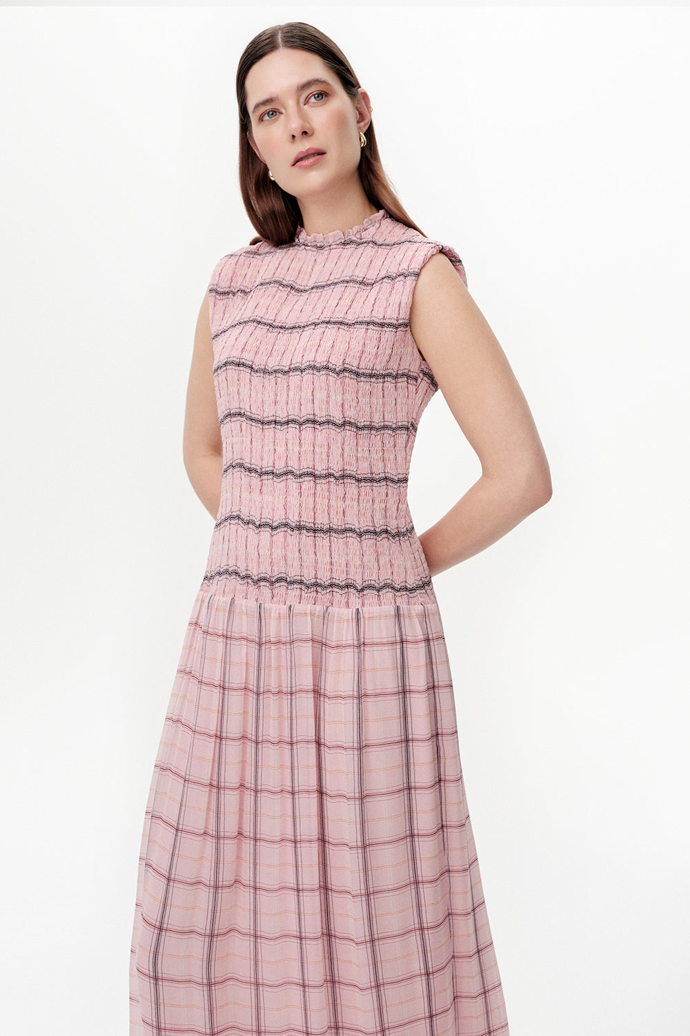 Shirred Ruffle Neck Lined Midi Dress - MULTICOLOR
