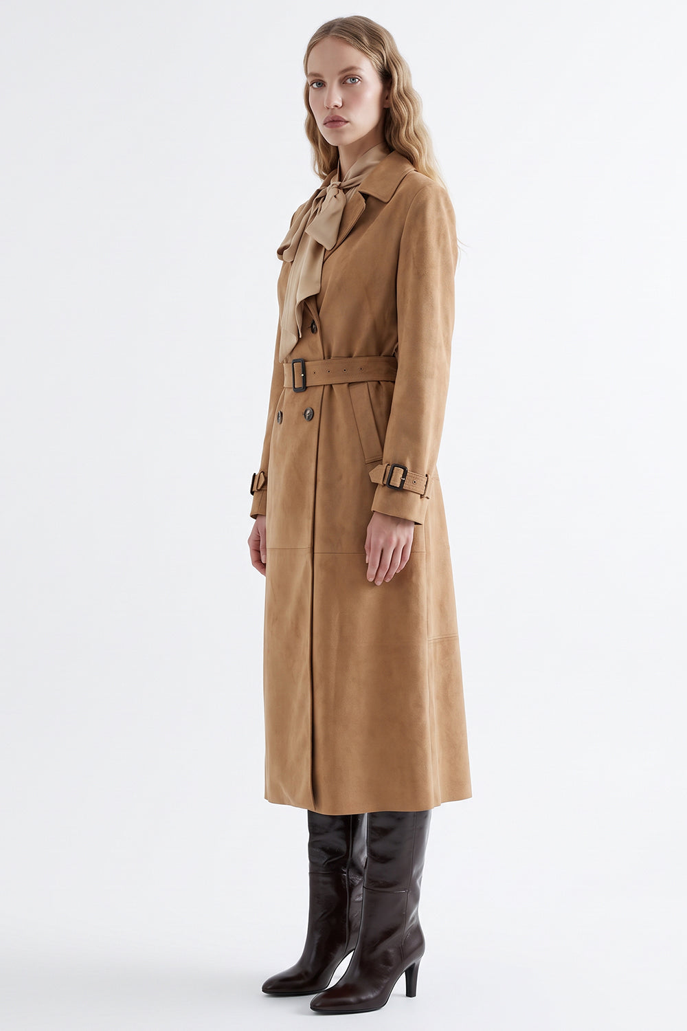 Lined Suede Trench Coat with Shoulder Pads and Belt - CAMEL