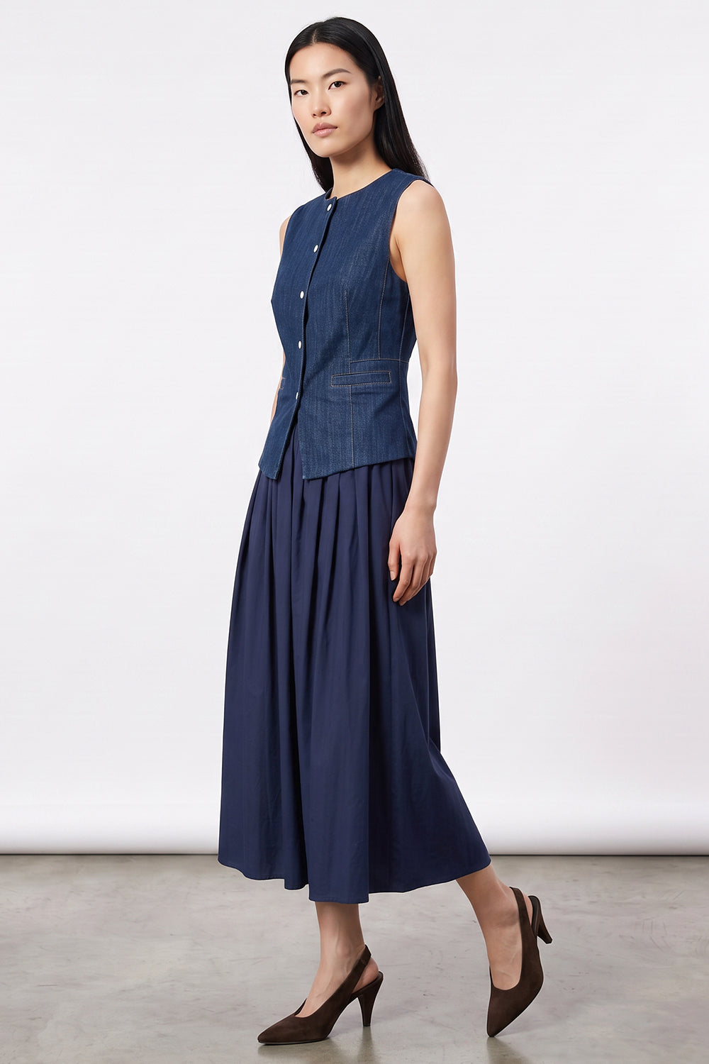 Denim Trim Zip-Front Midi Dress - BLUE