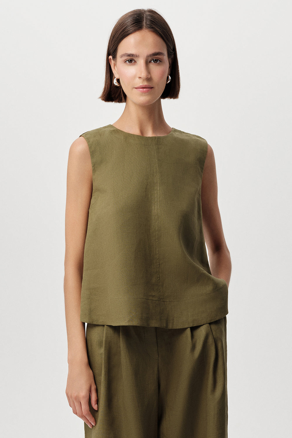 Almira Crew Neck Linen Blouse - KHAKI