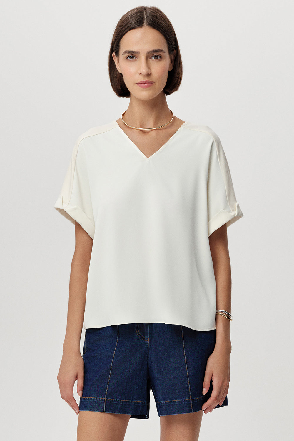 V Neck Short Sleeve Blouse - ECRU