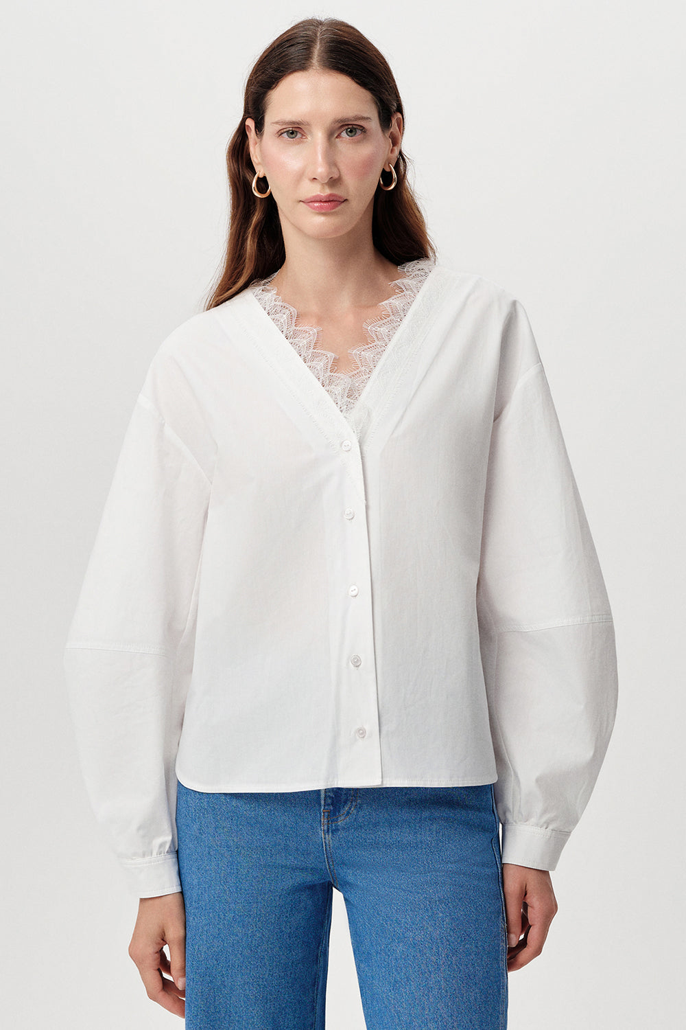 Kinsey V Neck Poplin Shirt - BONE