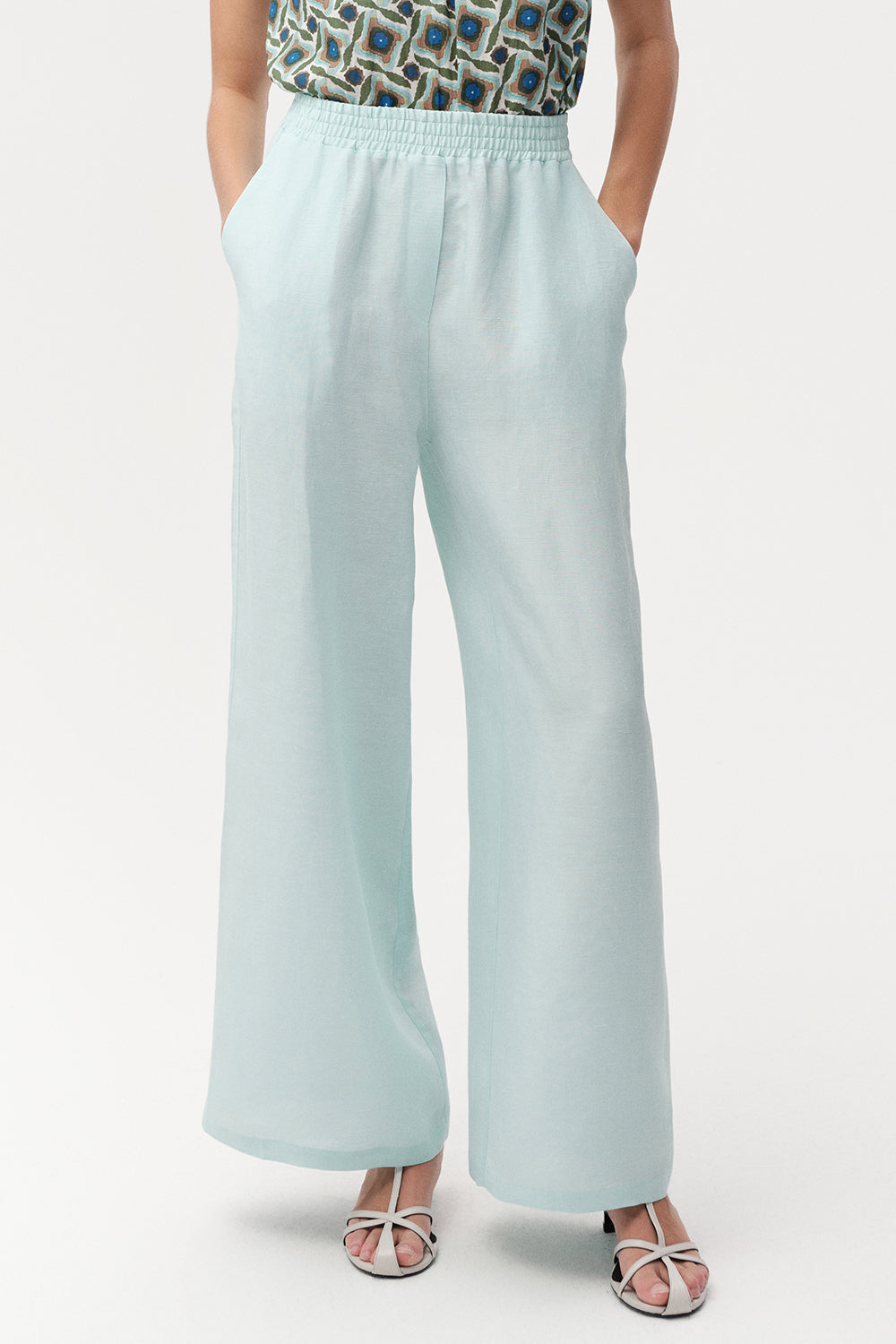 Elasticated Waist Linen Blend Trousers with Pockets - TURQUOISE