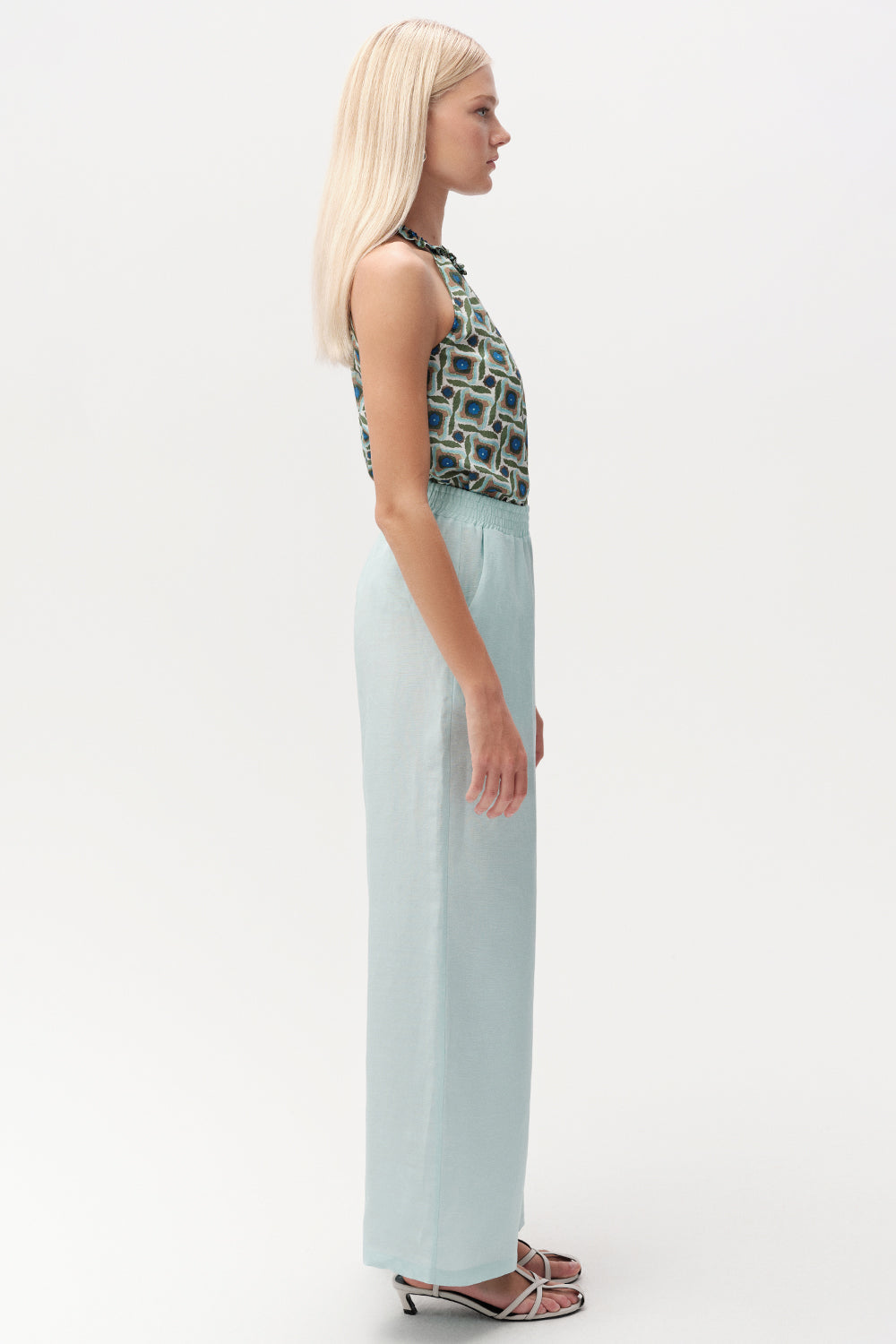 Elasticated Waist Linen Blend Trousers with Pockets - TURQUOISE