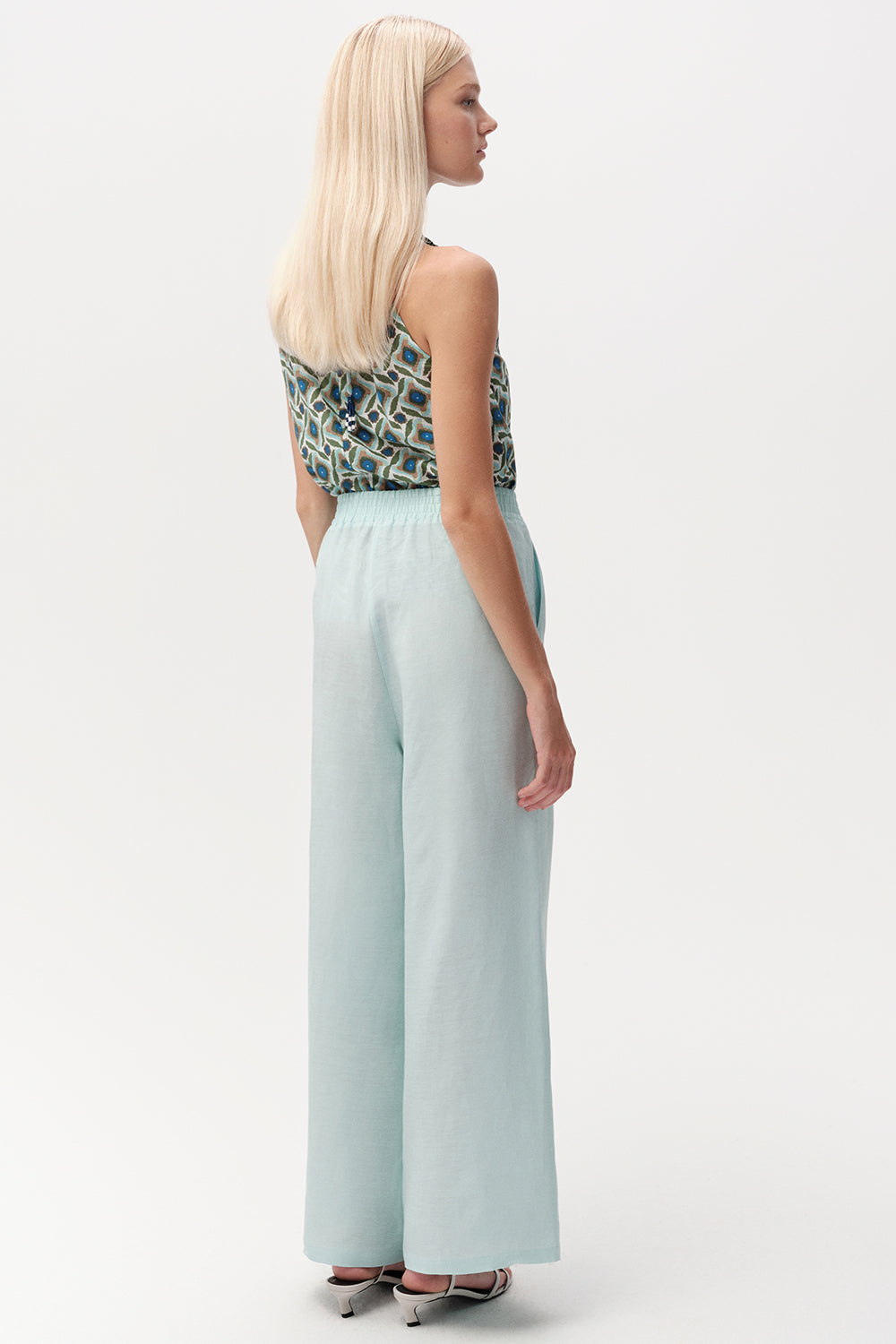 Elasticated Waist Linen Blend Trousers with Pockets - TURQUOISE