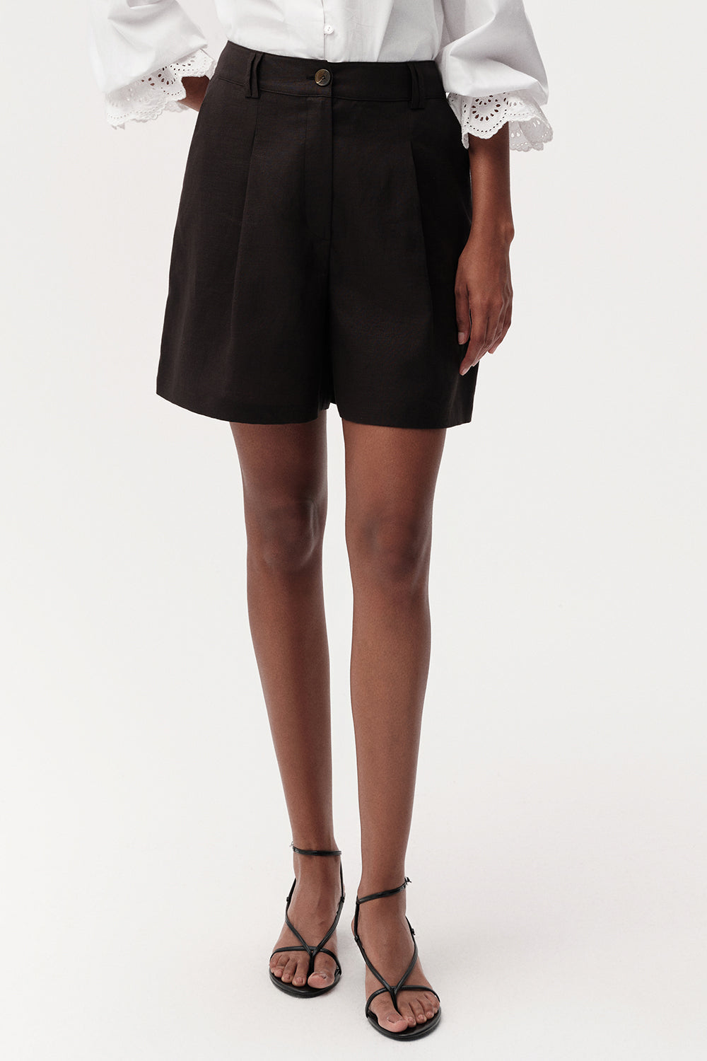 High Waist Pleated Linen Shorts - BLACK