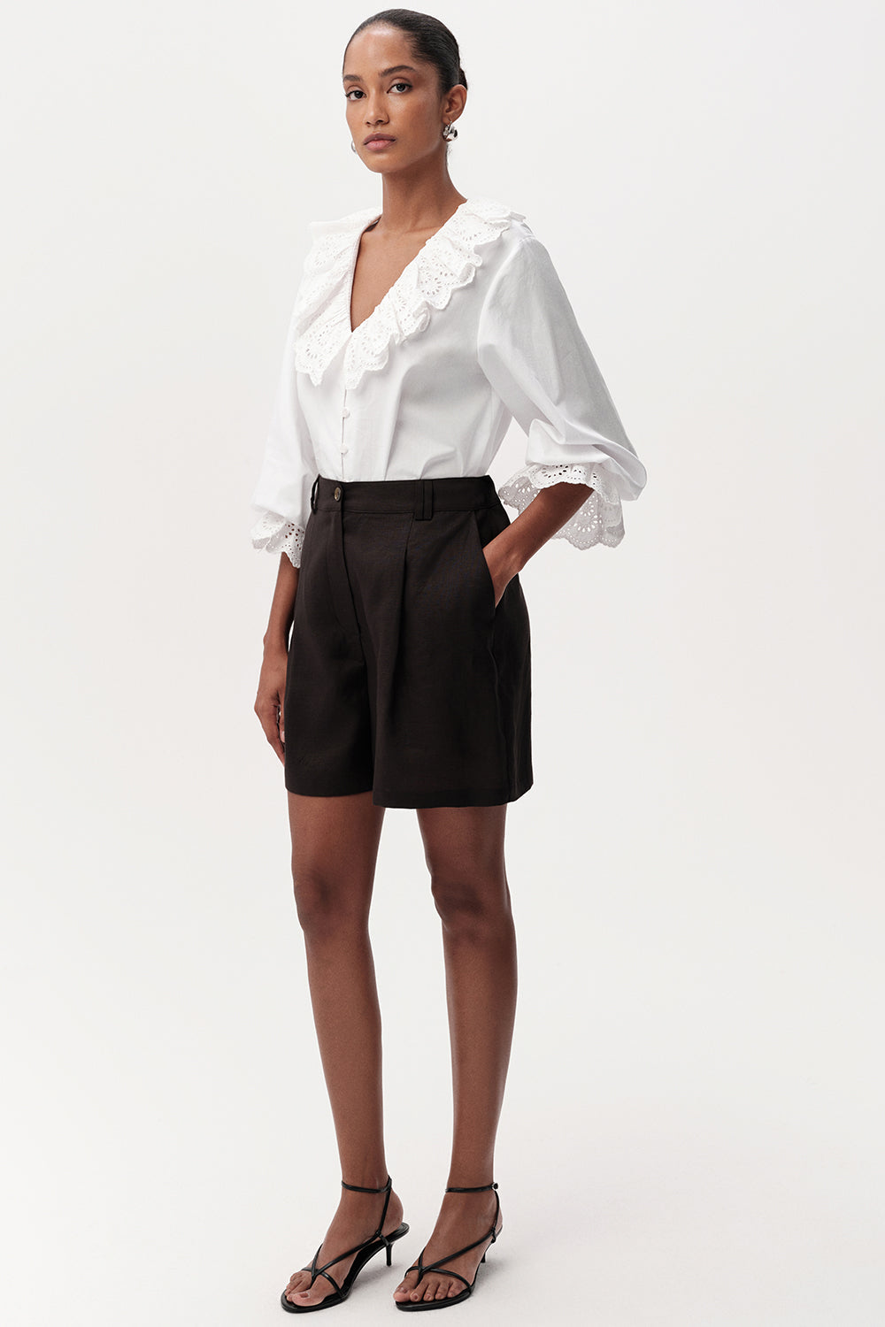 High Waist Pleated Linen Shorts - BLACK