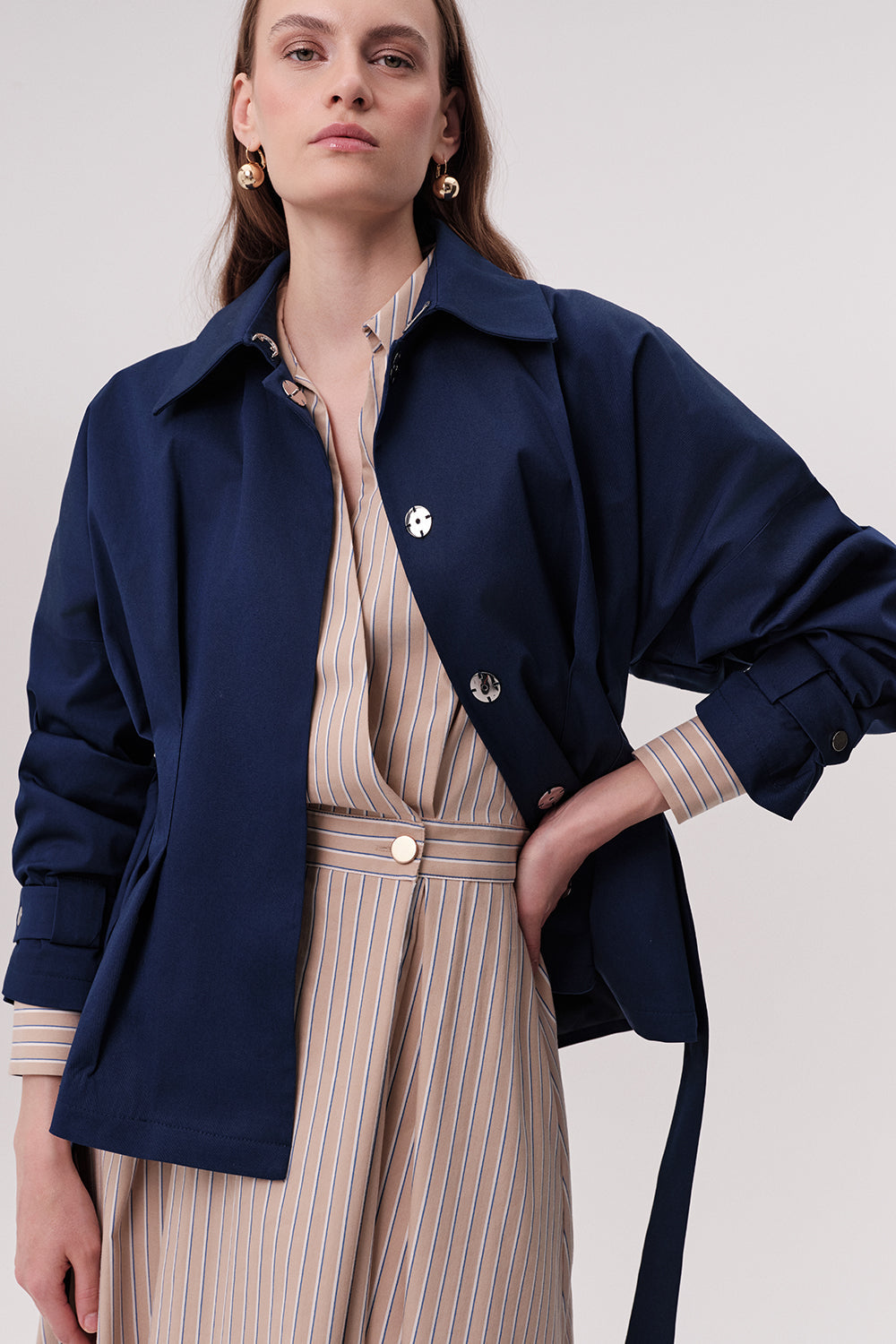 Pleated Trench Coat - NAVY