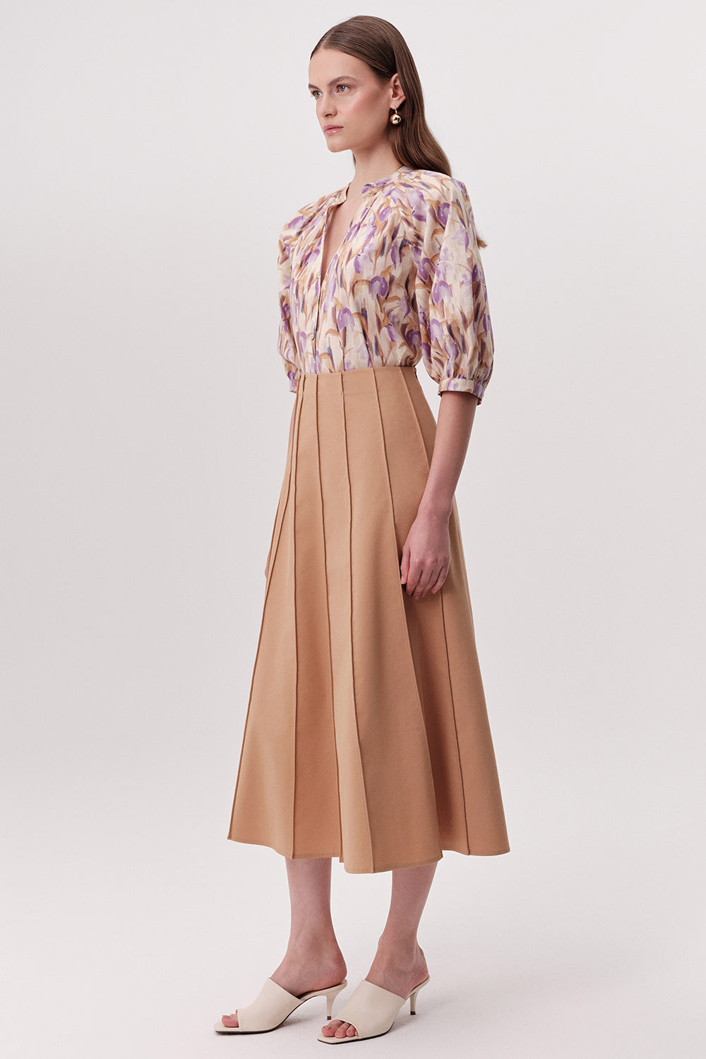 Multi Panel Flared Midi Skirt - CAMEL