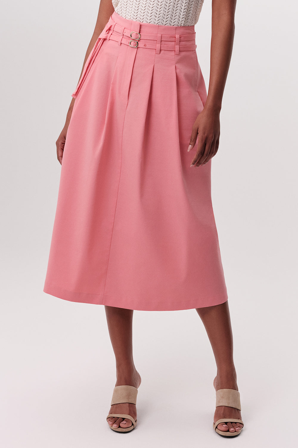 High Waisted Pleated Midi Skirt - CREAM