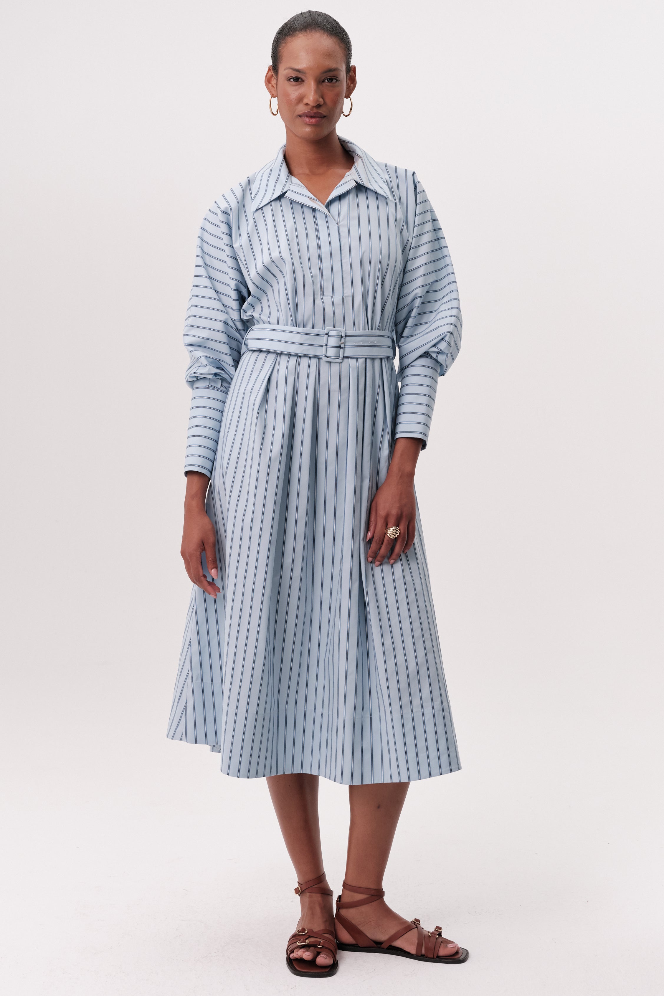 Raglan Sleeve Shirt Collar Belted Midi Dress - MULTI COLOR