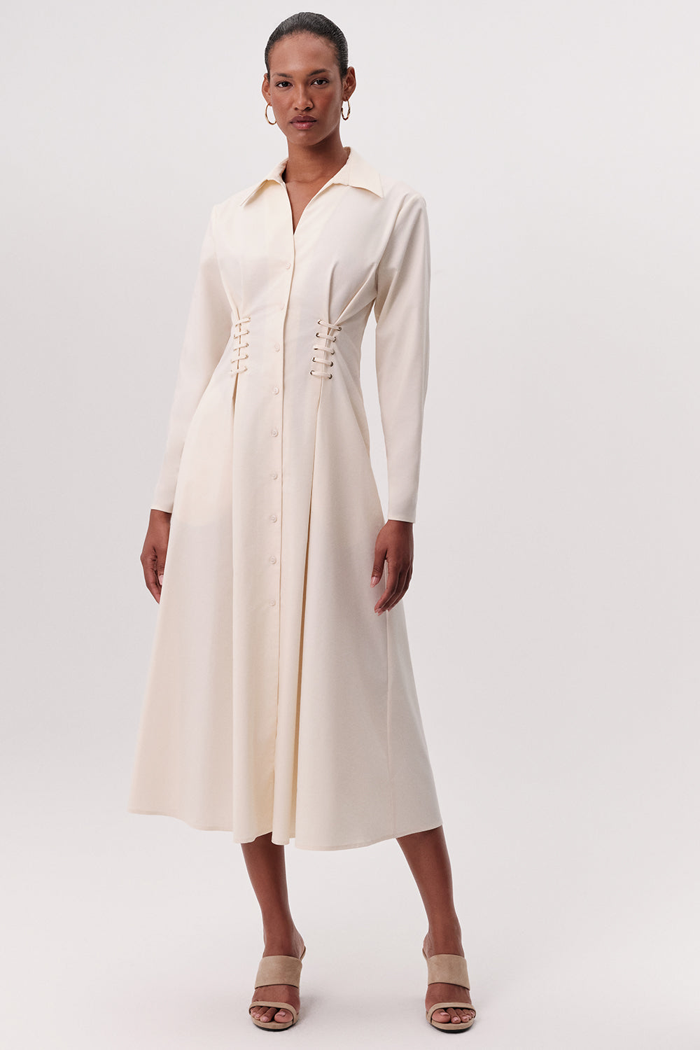 shirt midi dress Kiersten Eyelet Detail Pocketed Collar Beach Dresses For Women First Aid Kits front midi Color:Saltwater