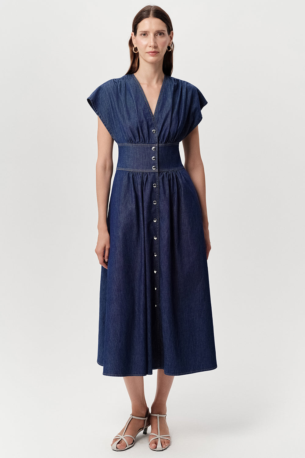 Evan Dropped Short Sleeve Fitted Midi Denim Dress