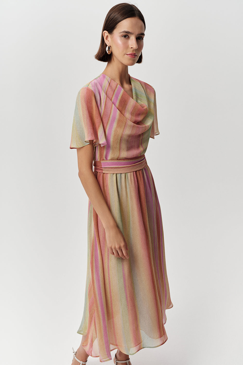 Short Sleeve Cowl Neck Midi Dress - MULTI COLOR