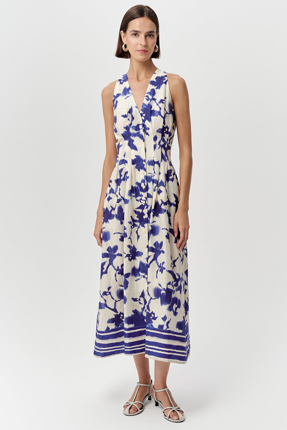 Sleeveless Midi Dress with V Neck - ROYAL BLUE-BONE