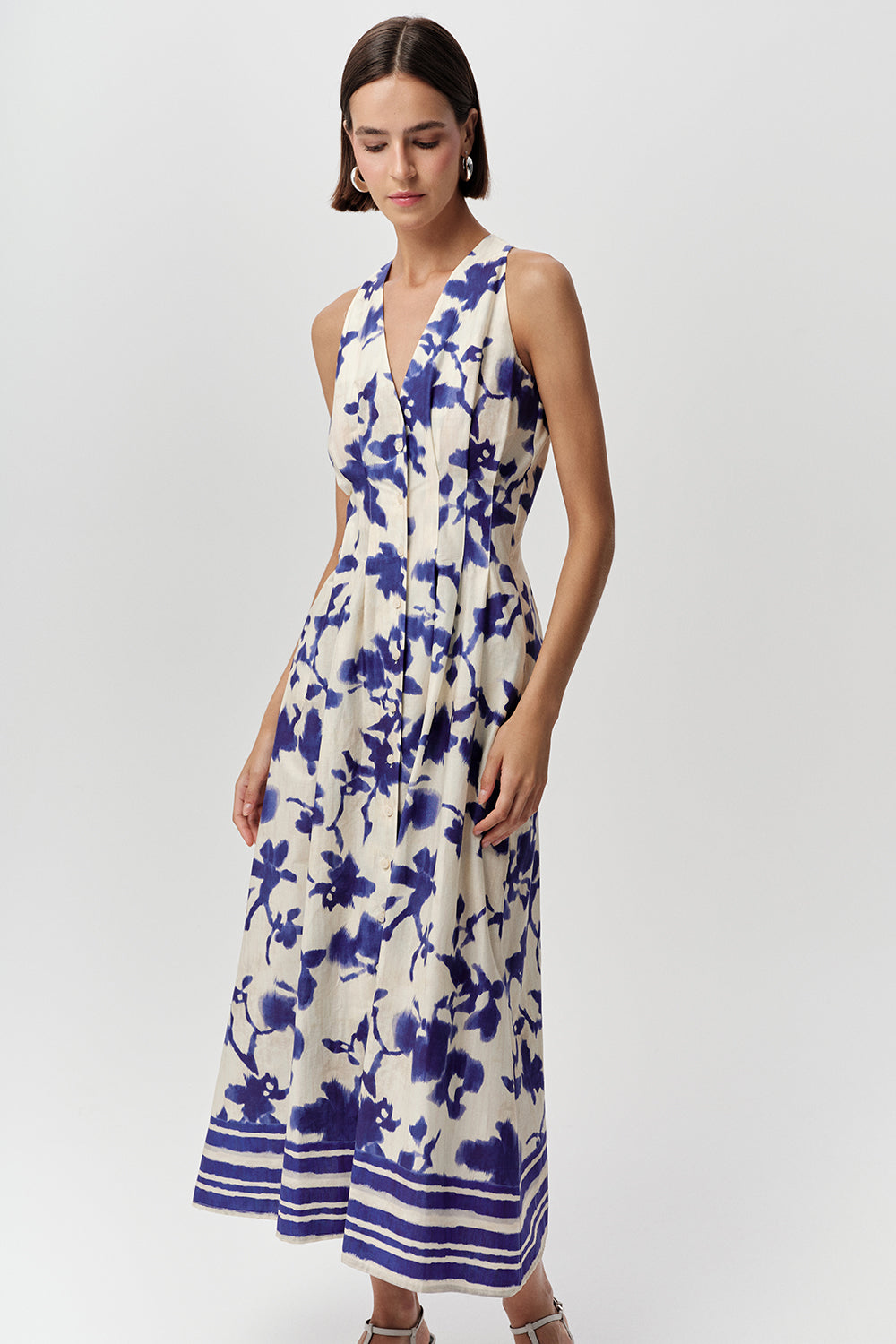 Sleeveless Midi Dress with V Neck - ROYAL BLUE-BONE