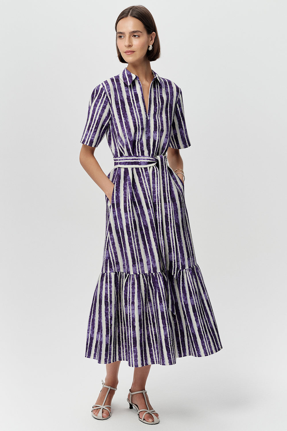 Short Sleeve Midi Shirt Dress - ROYAL BLUE BONE