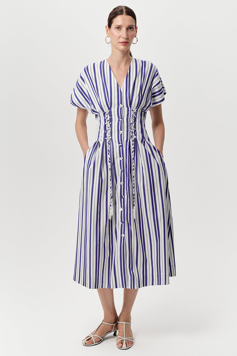 Aldrick V-Neck Belted Striped Midi Dress- Royal Blue 10 / SAX