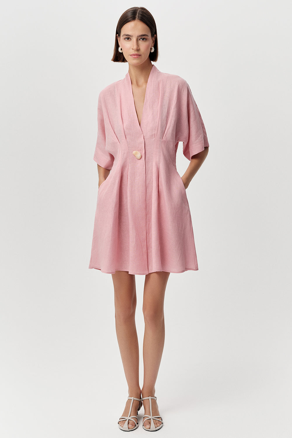 V Neck Short Sleeve Mini Dress - PINK
