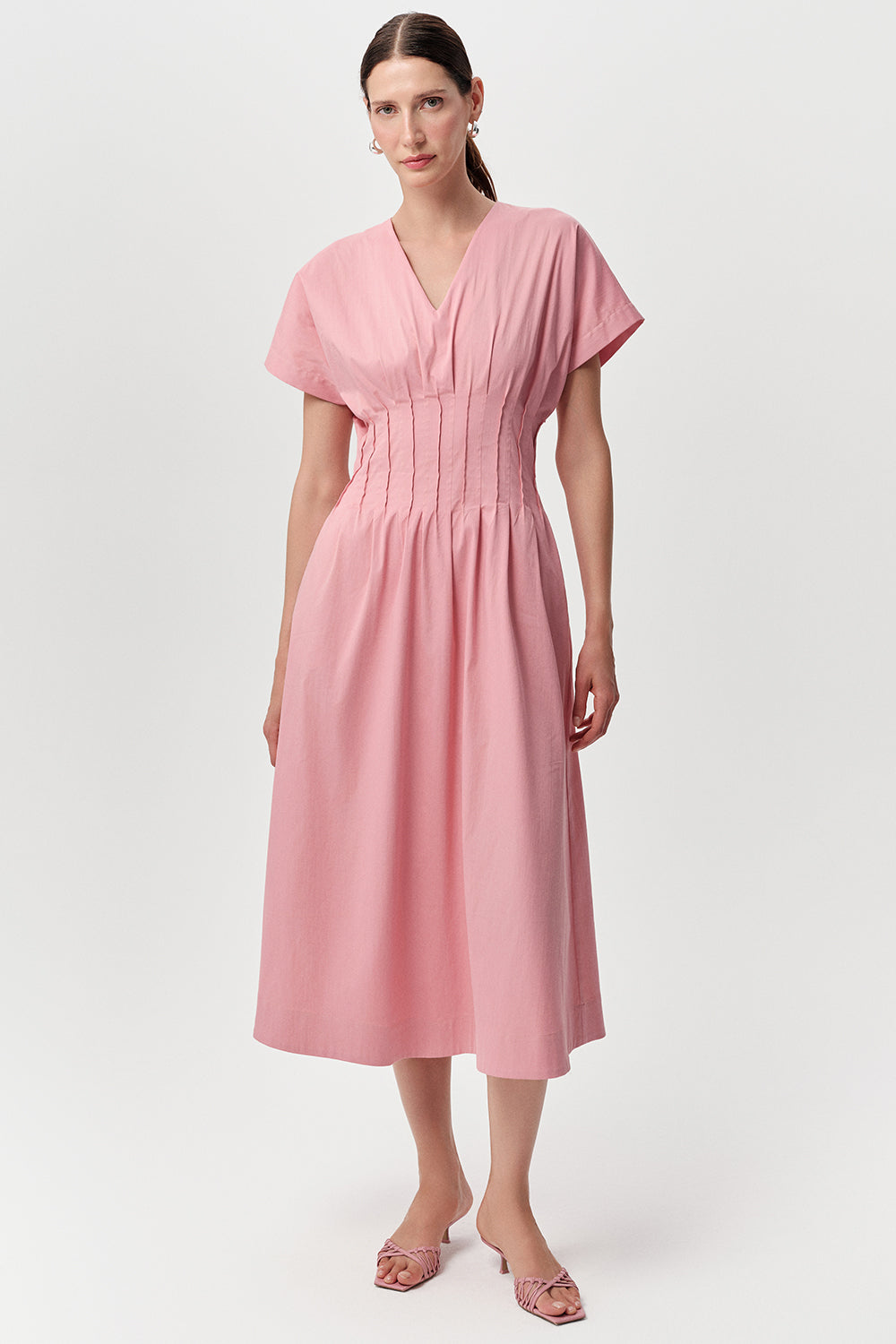 Slim V Neck Short Sleeve Midi Dress - CREAM
