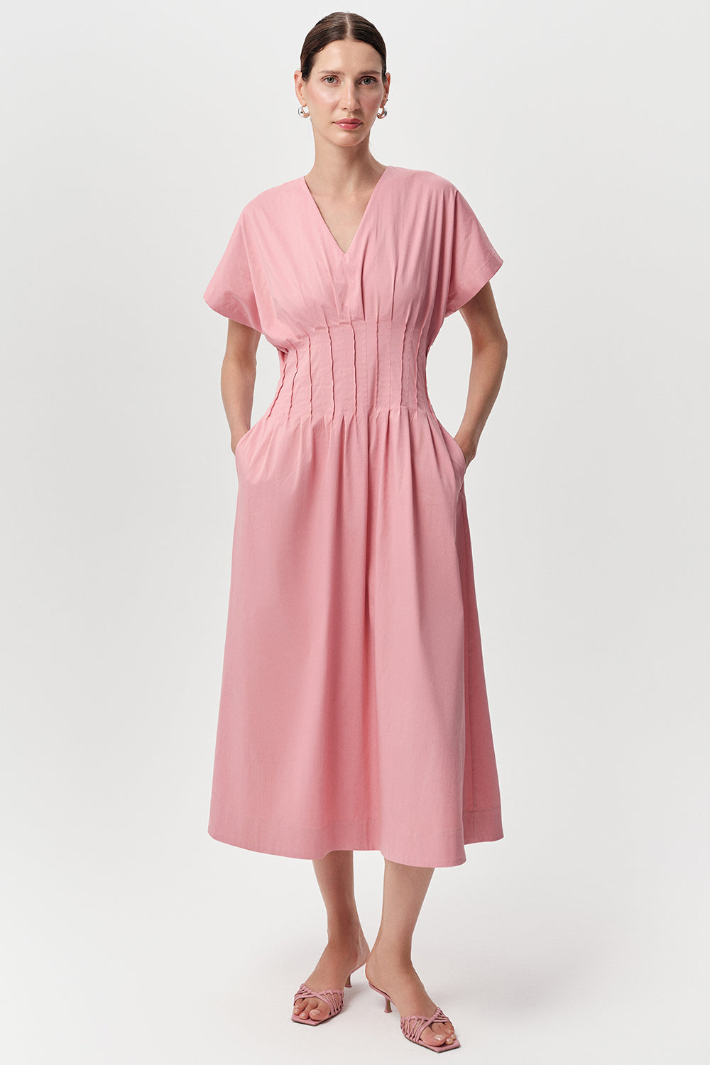 Slim V Neck Short Sleeve Midi Dress - CREAM