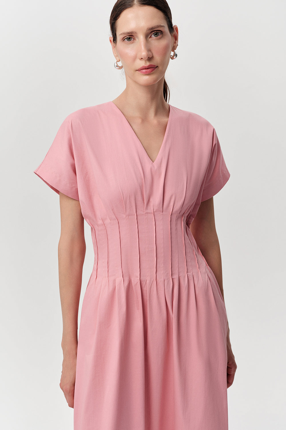 Slim V Neck Short Sleeve Midi Dress - CREAM