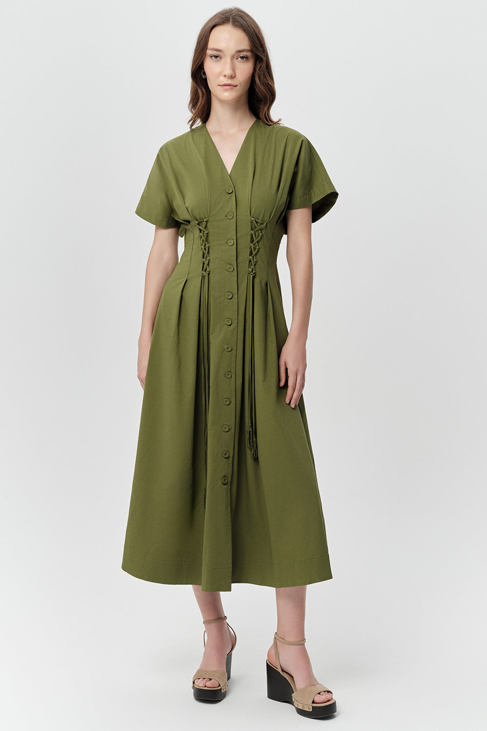 V Neck Tie Detailed Pockets Midi Dress - KHAKI