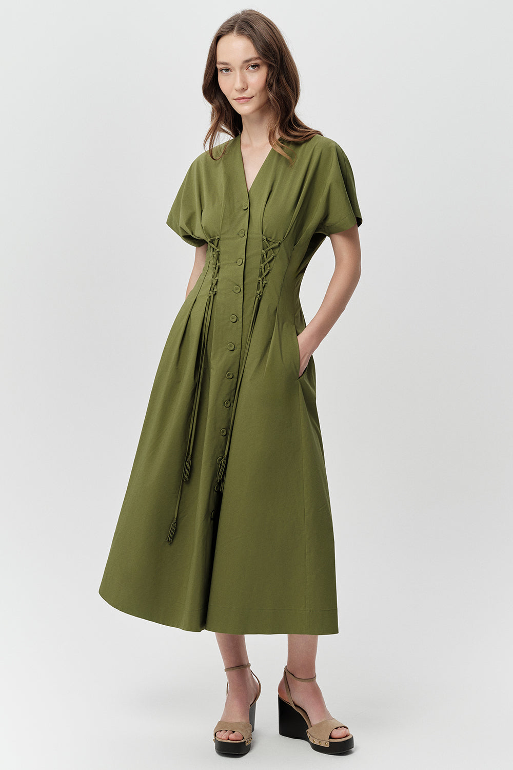V Neck Tie Detailed Pockets Midi Dress - KHAKI