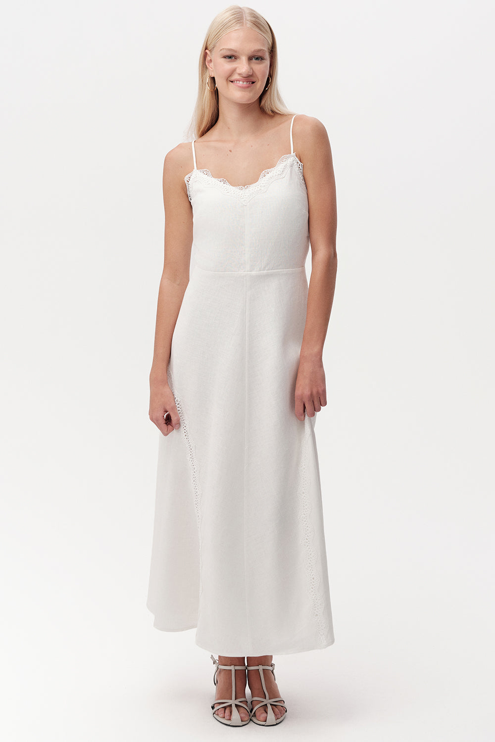 white strappy linen dress Briellyn Lace Detail Midi fancy pink golf dress and she is wearing Find The One At SIZE:US:6