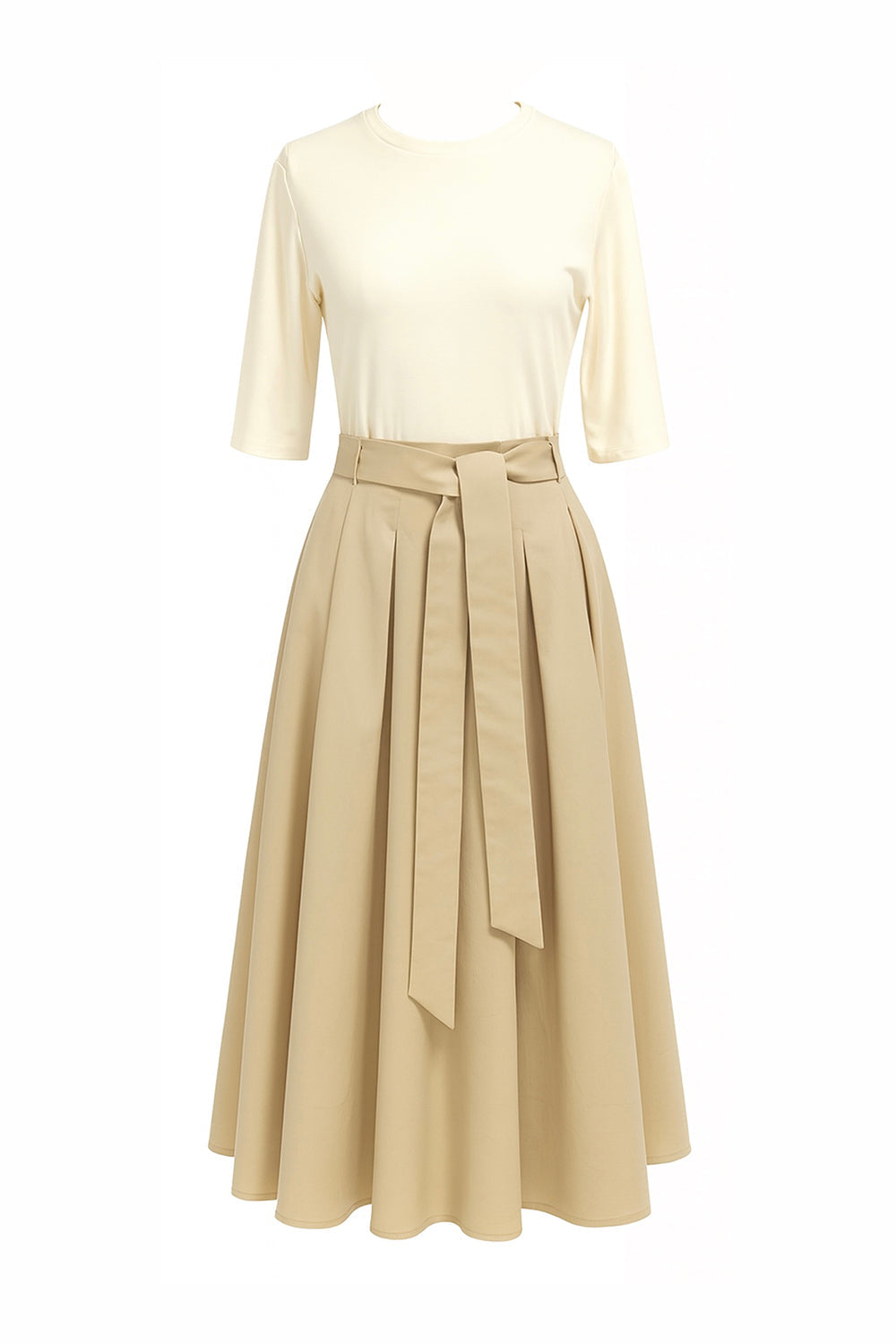 Round Neck Short Sleeve Belted Pleated Midi Dress - ECRU