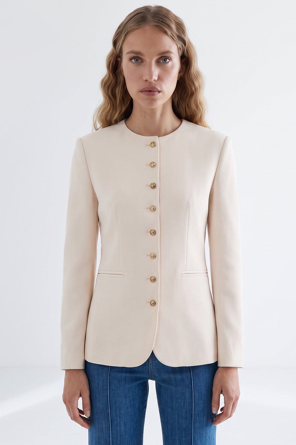 Shoulder Padded Jacket with Buttoned Cuffs and Welt Pockets - CREAM