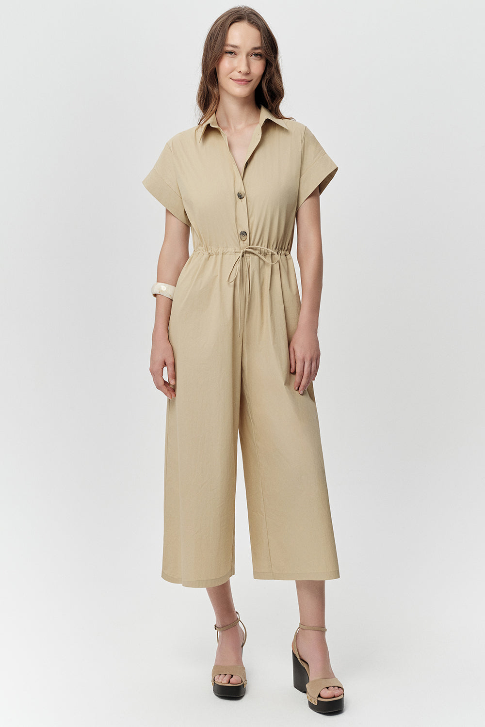 Short Sleeve Jumpsuit - BEIGE