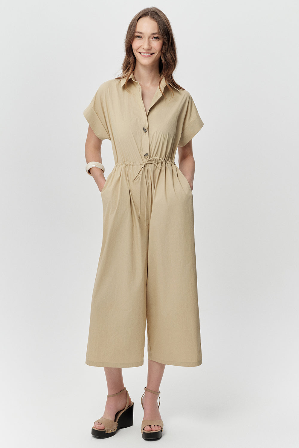 Short Sleeve Jumpsuit - BEIGE