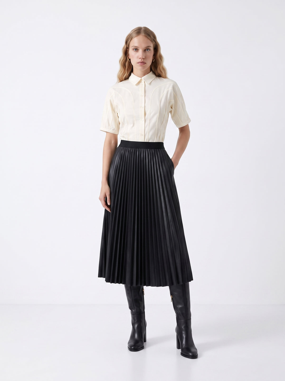 Elastic Waist Faux Leather Pleated Midi Skirt - BLACK