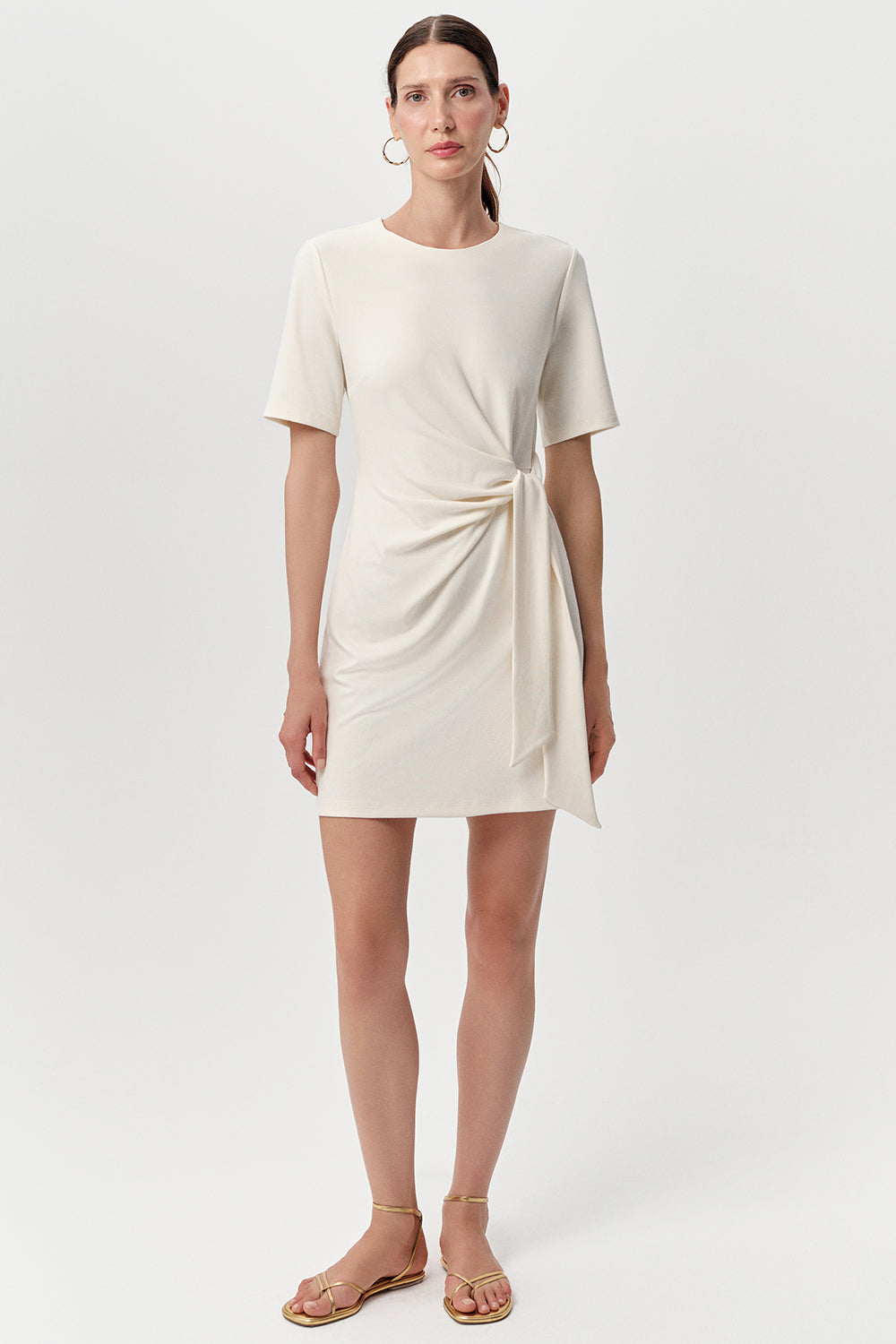 Velvet Crew Neck Mini Knit Dress- Ecru S / Ecru