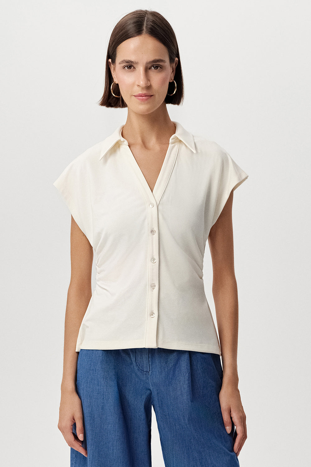 Siennal Short Sleeve Knitted Slim Shirt - ECRU