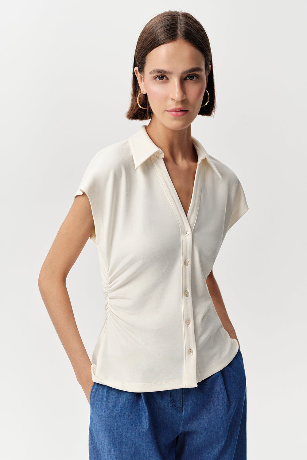 Siennal Short Sleeve Knitted Slim Shirt - ECRU