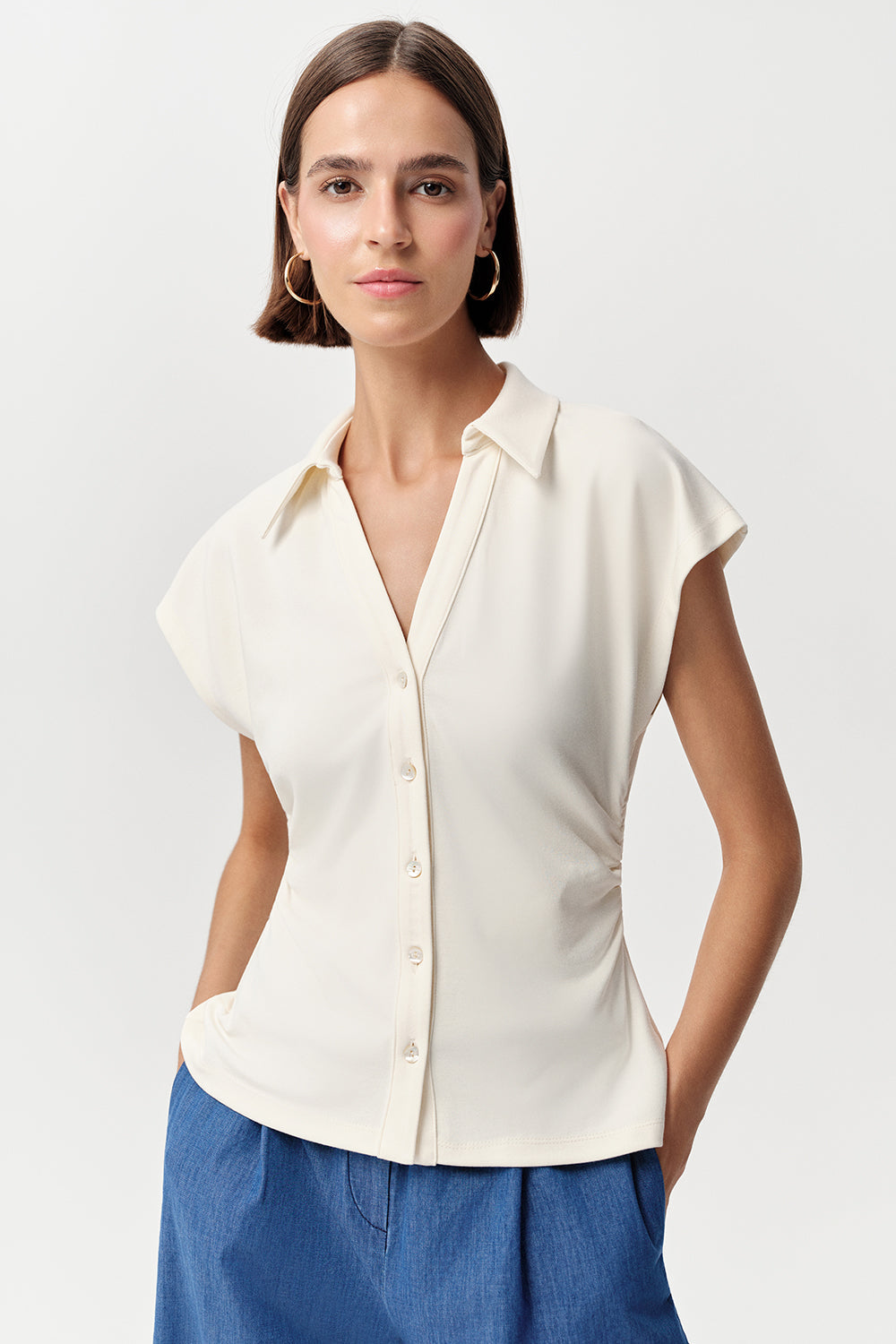 Siennal Short Sleeve Knitted Slim Shirt - ECRU