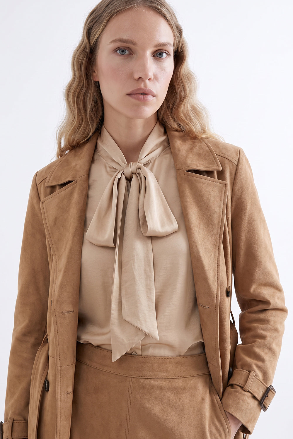 Lined Suede Trench Coat with Shoulder Pads and Belt - CAMEL